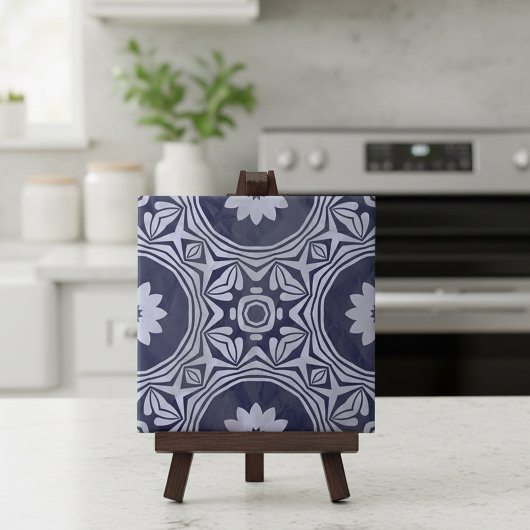 Carreau Azulejo Marocain Floral Mandala Blanc Bleu Indigo