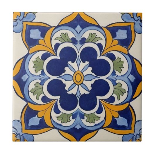 Carreau Azulejo mosaïque bleue jaune et verte vintage (Devant)