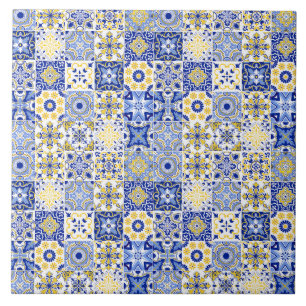 Carreau Azulejo Portugais Majolique Mosaïque Bleue Et Jaun