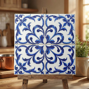 Carreau Azulejos portugais bleu et blanc à rinceaux florau