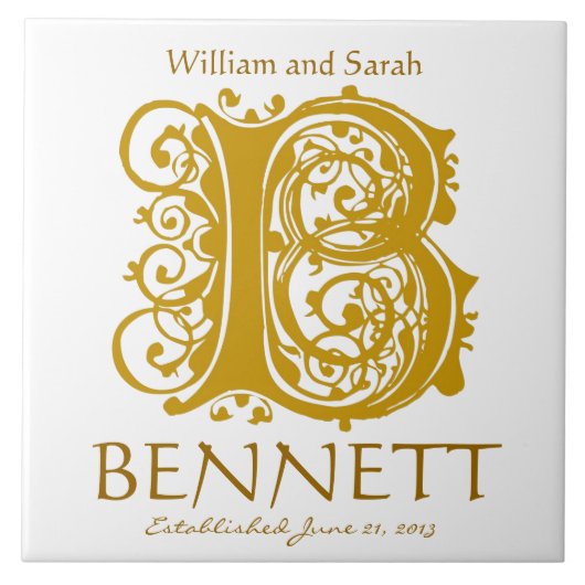 Carreau B Monogramme or sur blanc - Noms Mariage Date Tile (Devant)