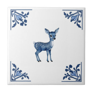 Carreau Baby Deer Fawn Delft Blue and White Corners