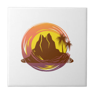 Carreau Badge avec paysage volcanique tropical et palmiers