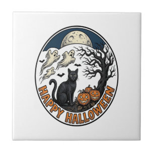 Carreau Badge Chat de Halloween Vintage Fantôme Clair de L