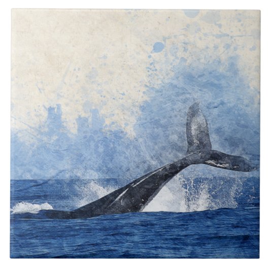 Carreau Baleine bleue éclaboussant dans l'art océanique (Devant)