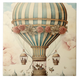 Carreau Balloon à air chaud vintage Floral Bleu