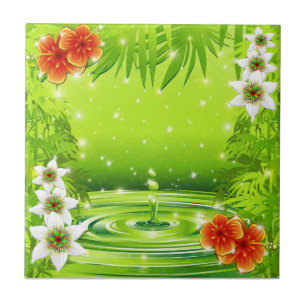 Carreau Bambou, eau et fleurs tropicales