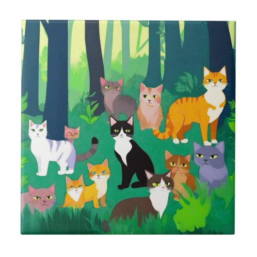 Carreau Bande de chats, félins dans la forêt (Devant)