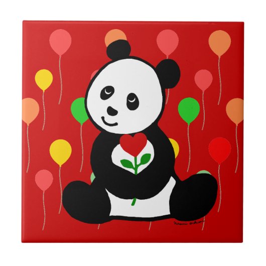 Carreau Bande dessinée de panda et une fleur de coeur (Devant)