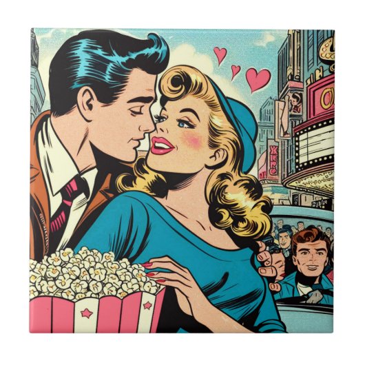 Carreau Bandes dessinées rétro de couple d'amour de la Sai (Devant)