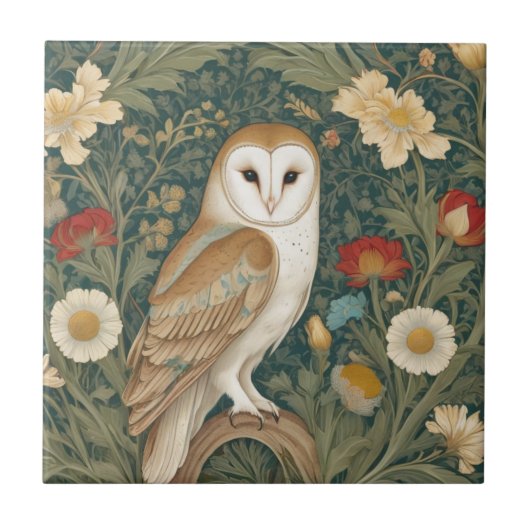 Carreau Barn Owl William Morris style Face droite Fleurs (Devant)