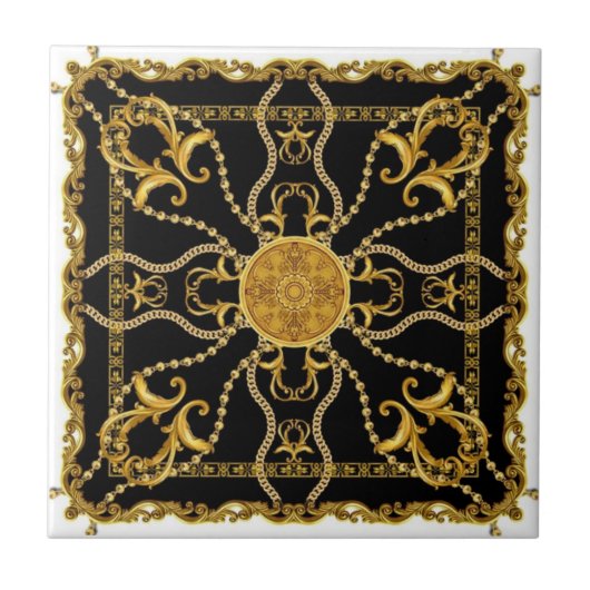 Carreau Baroque Gold Ornamental Chain Pattern on Black (Devant)