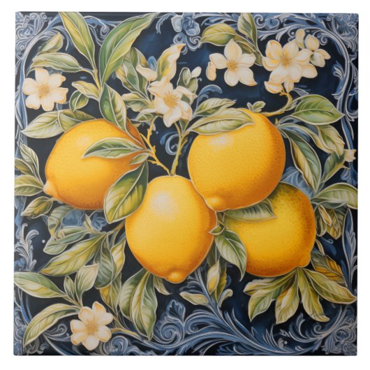 Carreau Baroque Lemon Botanical Ceramic Tile with Scrolls (Devant)