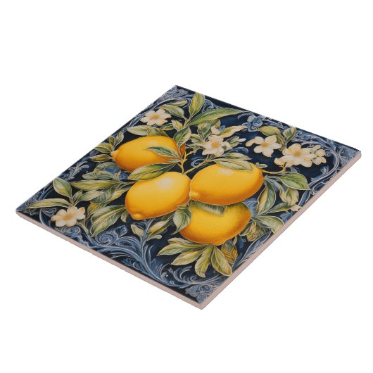 Carreau Baroque Lemon Botanical Ceramic Tile with Scrolls (Côté)