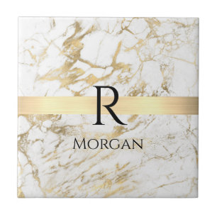 Carreau Barre en Or sur Marbre Blanc et Or, Monogramme et