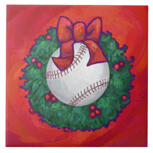 Carreau Baseball dans un Couronne sur fond Rouge