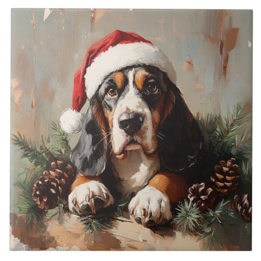 Carreau Basset Hound dans une peinture à l'huile de chapea (Devant)