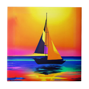 Carreau Bateau à voile contre un coucher de soleil sur l'o