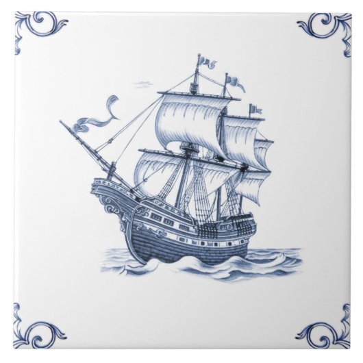 Carreau Bateau à voile Delft Blue Dutch Style Frigate Scho (Devant)