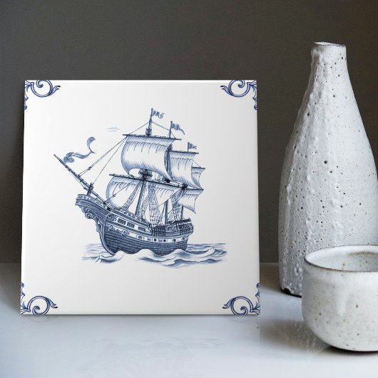 Carreau Bateau à voile Delft Blue Dutch Style Frigate Scho
