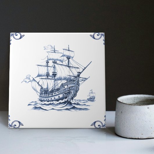 Carreau Bateau à voile Delft Blue Dutch Style Frigate Scho