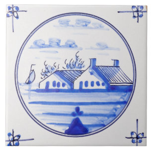Carreau Bateau à voile moulin à vent néerlandais Delft Bla