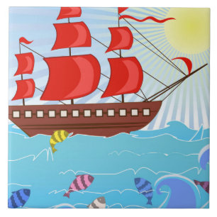 Carreau Bateau de pirate rouge illustré