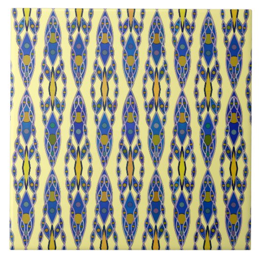 Carreau Batik tribal - Acier bleu, gris et jaune (Devant)