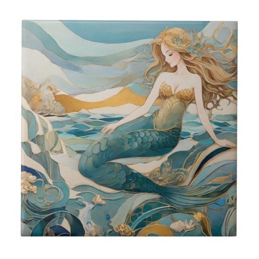 Carreau Beach Mermaid by the Sea Turquoise Gold Left side (Devant)