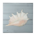 Carreau Beach Nautic Seashell Conch Bois bleu tropical<br><div class="desc">Patiné,  blanchi au soleil,  bleu ardoise poussiéreux,  arrière - plan en bois peint en lambeaux décolle un coquillage Conch élégamment peint. Tout l'art a été peint dans les pastels à l'huile par Audrey Jeanne Roberts,  artiste et designer de renommée internationale,  copyright.</div>