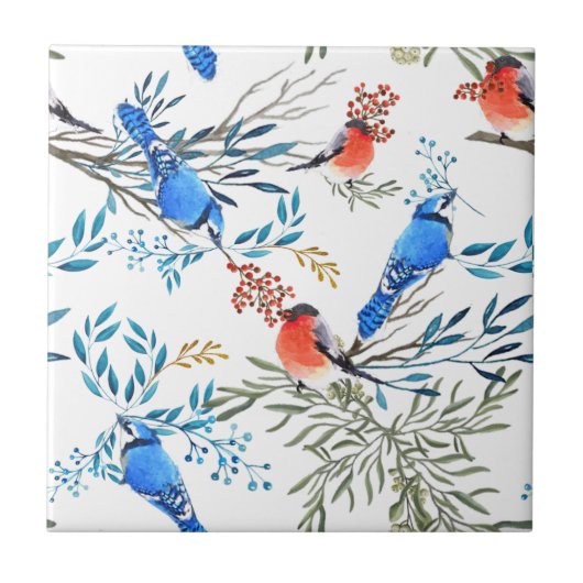 Carreau Beau Aquarelle Oiseaux et Motif de Foliage (Devant)