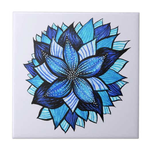 Carreau Beau dessin bleu abstrait d'encre de fleur (Devant)