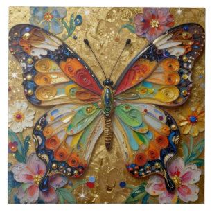 Carreau Beau Papillon et Fleurs en Impasto