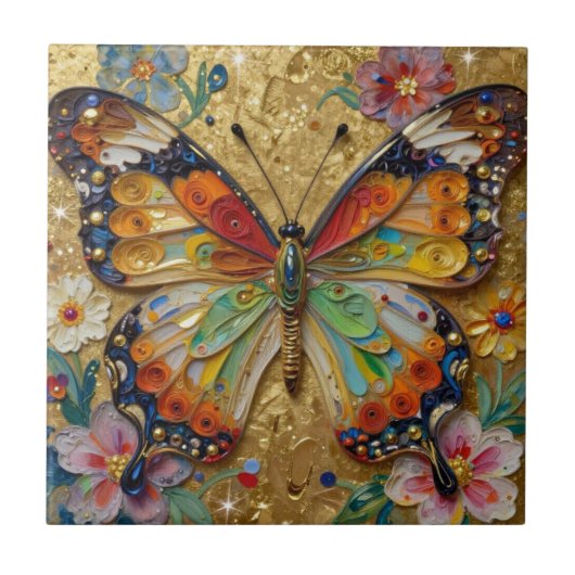 Carreau Beau Papillon et Fleurs en Impasto (Devant)