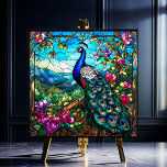 Carreau Beau Peacock 2 Parmi Jardin Fleur<br><div class="desc">Beautiful Peacock 2 Among Flower Garden présente un paon coloré perché dans un arbre avec ses plumes de queue qui descendent contre un arrière - plan de riches feuillages et collines et fleurs fleurissant avec un effet de vitrail sur un carrelage en céramique. Il y a beaucoup d'utilisations pour ces...</div>