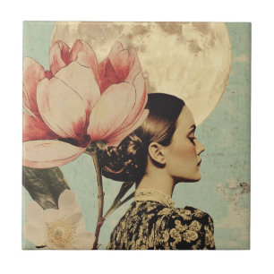 Carreau Beauté Lune - Femme avec Fleur Rose et Lune