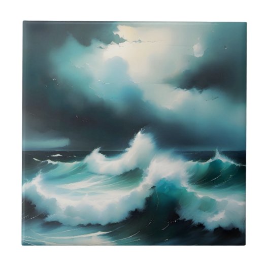 Carreau Beautiful Blue Ocean waves painting (Devant)