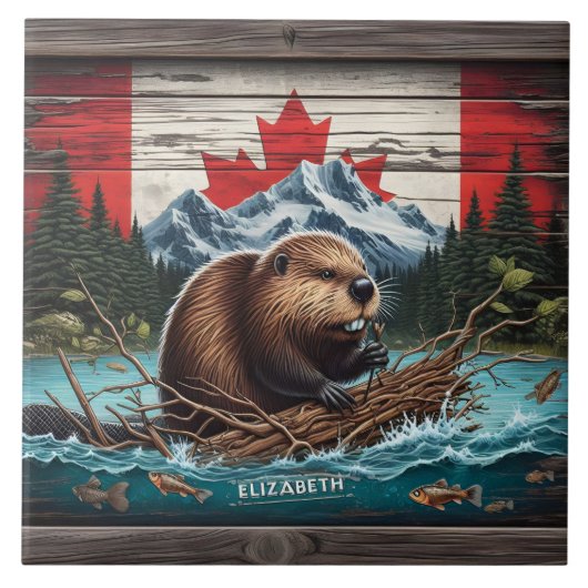 Carreau Beaver by Mountain, drapeau canadien (Devant)