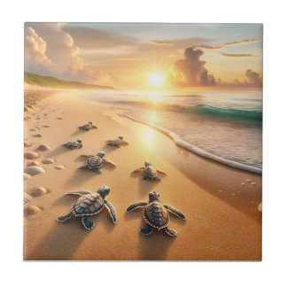 Carreau Bébé tortues de mer se dirigeant vers l'océan à la