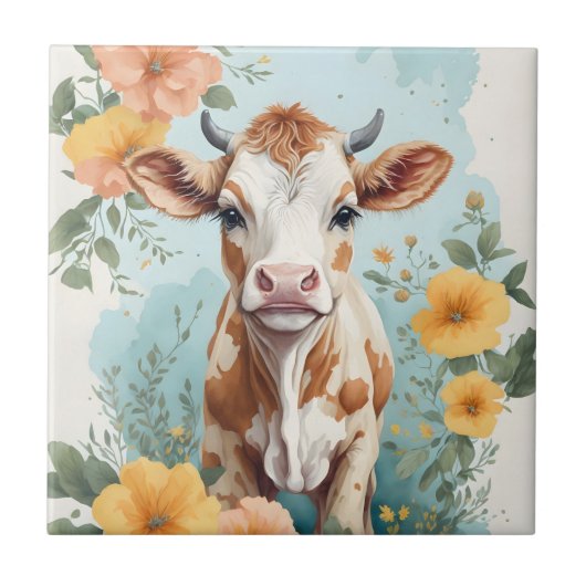 Carreau Bébés mignons animaux | Vache adorable Fleur de ve (Devant)