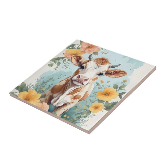 Carreau Bébés mignons animaux | Vache adorable Fleur de ve (Côté)