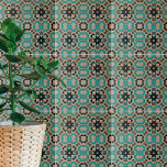 Carreau Beige Turquoise noir Mosaïque géométrique<br><div class="desc">Carrelage décoratif unique avec un motif sans couture aux formes géométriques turquoise et noir sur un arrière - plan beige texturé en pierre.</div>