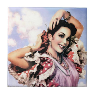 Carreau Belle danseuse de flamenco espagnole en Poka Rouge