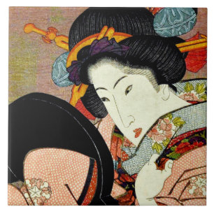 Carreau Belle femme en miroir par Utagawa Kunimaru