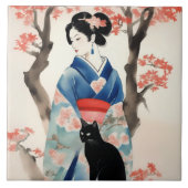 Carreau Belle fille japonaise avec un chat noir (Devant)