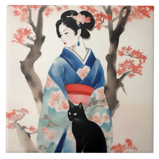 Carreau Belle fille japonaise avec un chat noir (Devant)