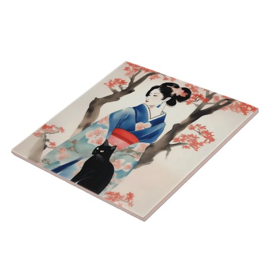 Carreau Belle fille japonaise avec un chat noir (Côté)