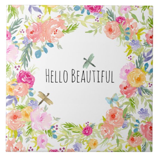 Carreau Belle Peach Rose or Aquarelle Jaune Rose Floral (Devant)