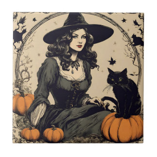 Carreau Belle sorcière d'Halloween Vintage avec chat noir