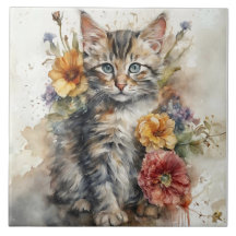 Belle Tabby Gris Chat Entouré de Fleurs